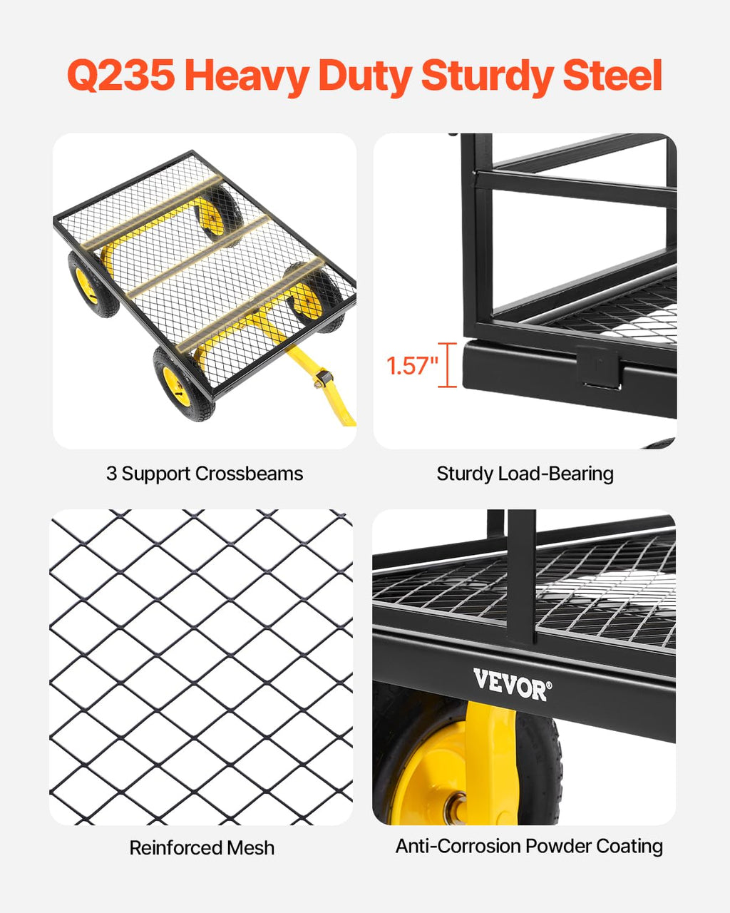 VEVOR Tuintransportwagen, draagvermogen 900 lb (ca. 408 kg), robuuste metalen transportwagen voor buiten met 254 mm banden, verstelbare en afneembare gaaswanden, 180° draaibare handgreep, geelzwart 