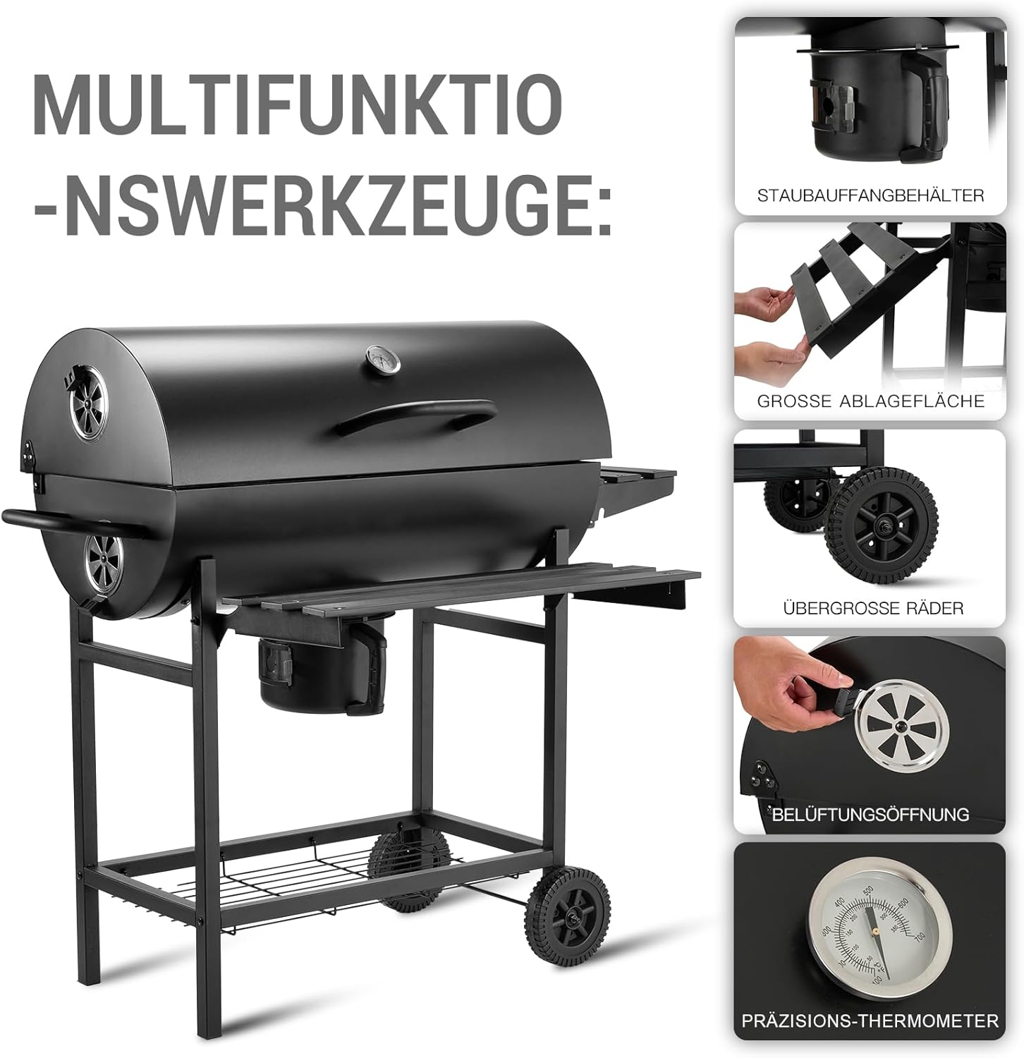 TEENO Houtskoolbarbecue, XXL kookrooster, anti-verbrandingshandschoenen, thermometer, aslade, verstelbare ventilatieopening, grote houtskoolbarbecue (basismodel) 