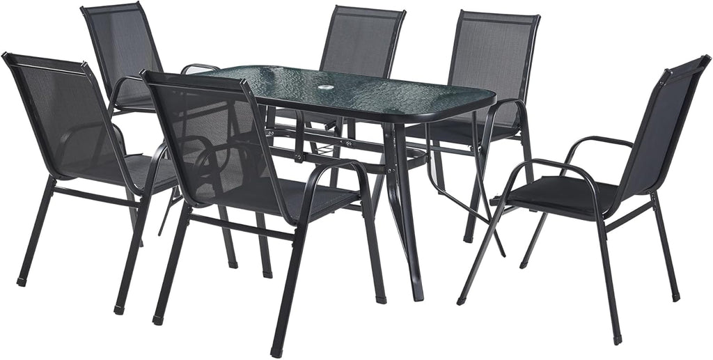 Ensemble de meubles de jardin 7 pièces casa.pro avec table à manger et 6 chaises Ensemble de meubles pour terrasse extérieure Patio Balcon Acier Verre trempé Textilène PVC Polyester