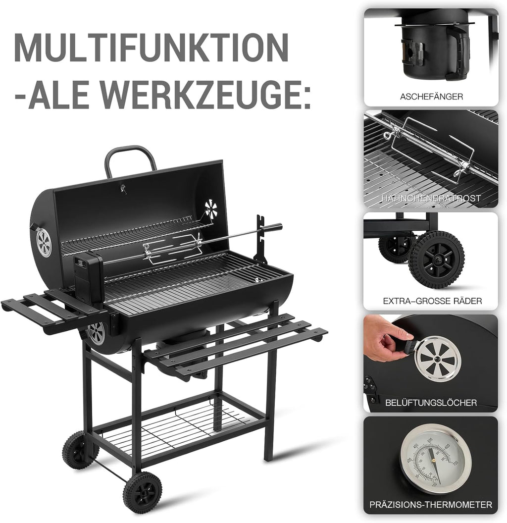 TEENO Houtskoolbarbecue, XXL kookrooster, anti-verbrandingshandschoenen, thermometer, aslade, verstelbare ventilatieopening, grote houtskoolbarbecue (basismodel) 