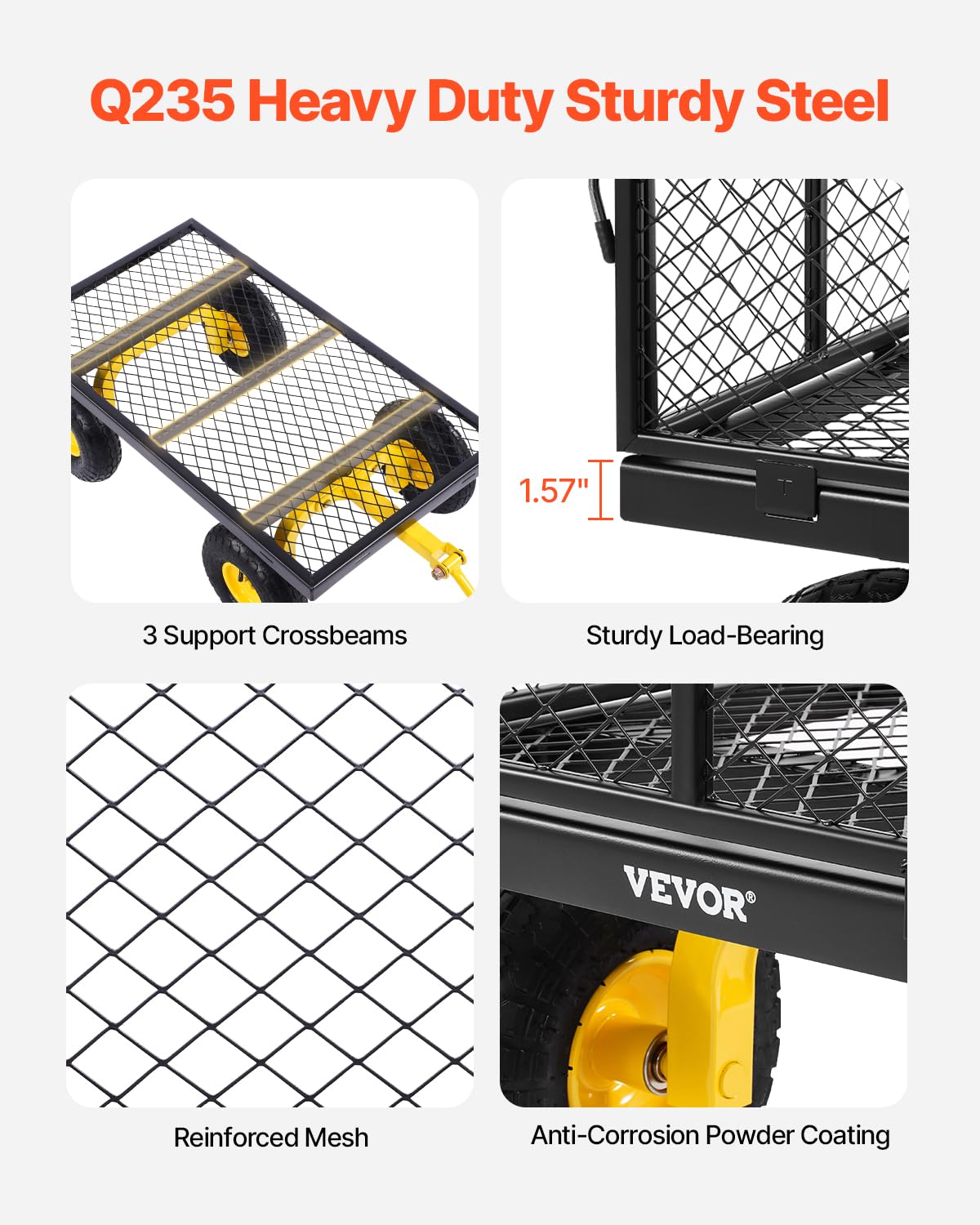 VEVOR Tuintransportwagen, draagvermogen 900 lb (ca. 408 kg), robuuste metalen transportwagen voor buiten met 254 mm banden, verstelbare en afneembare gaaswanden, 180° draaibare handgreep, geelzwart 