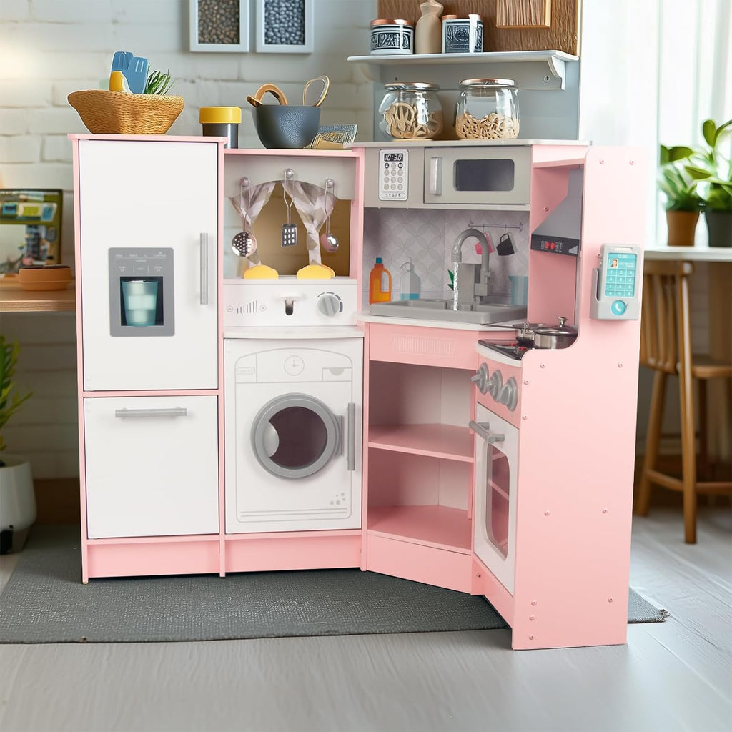 Cuisine enfant en bois rose avec évier, cuisinière et four, cuisine jouet en bois et accessoires pour enfants de 3 ans et plus (rose 2)
