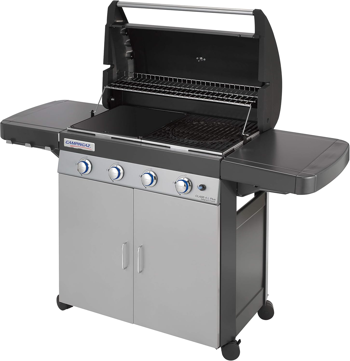 Barbecue à gaz Campingaz Classe 4 L Plus, 4 brûleurs, puissance 12,8 kW, système de nettoyage facile InstaClean, grille et plaque de cuisson en fonte double émaillée, 2 étagères latérales