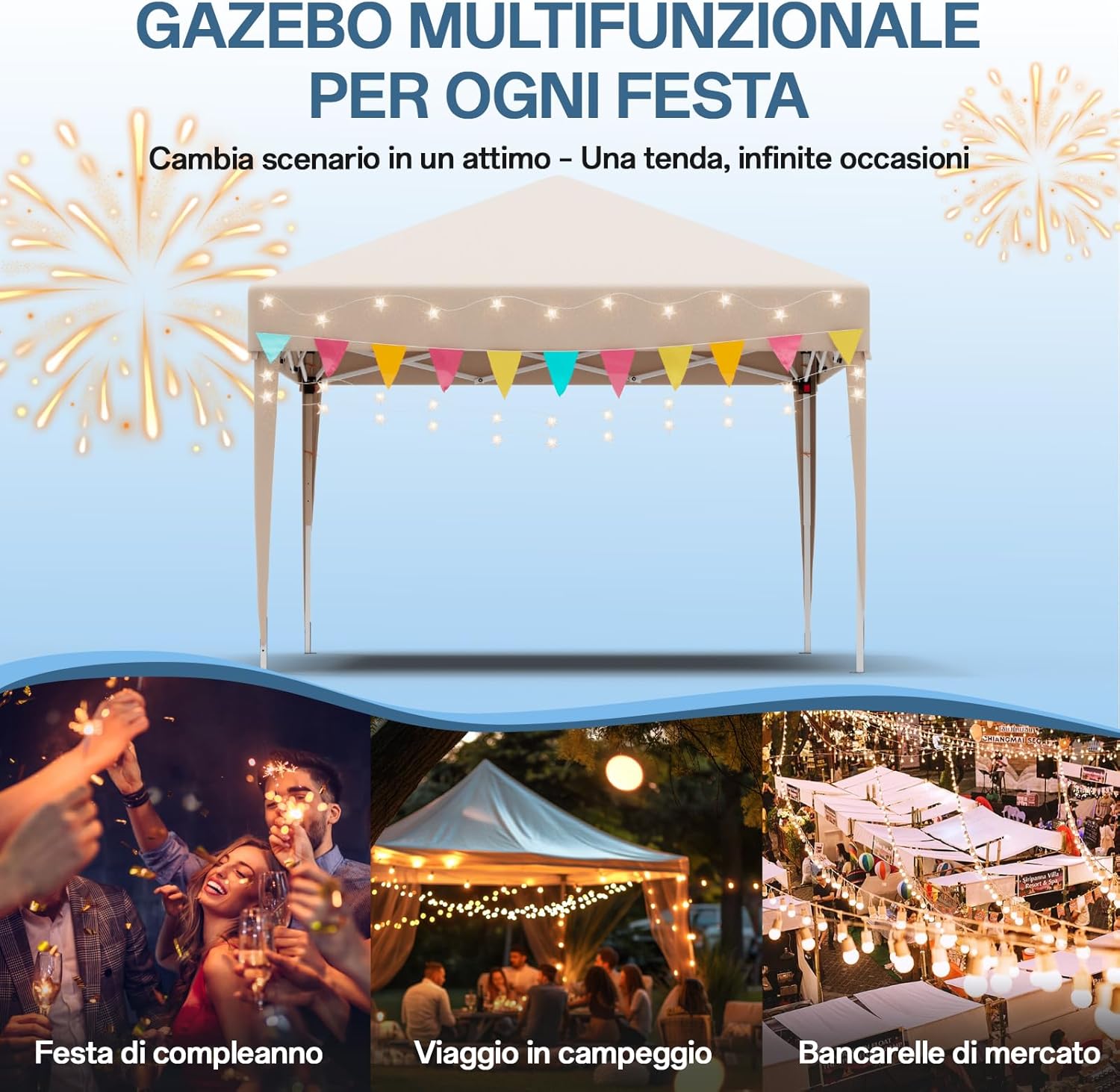 Gazebo pliant étanche JUMMICO, gazebo de jardin extérieur, gazebo pliant à hauteur réglable,