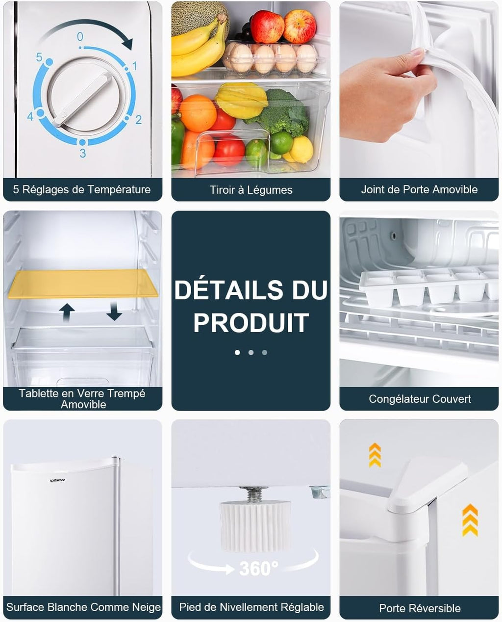 Mini réfrigérateur avec compartiment congélateur, bac à légumes 91L, thermostat réglable, silencieux