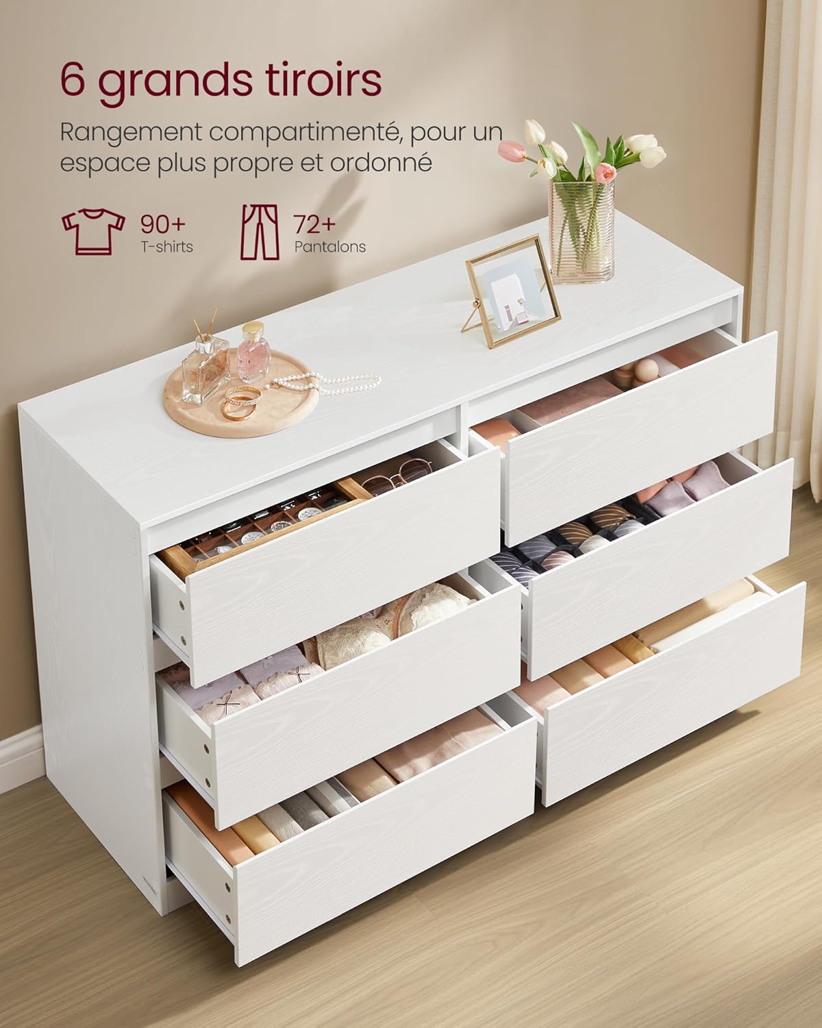 VASAGLE Kailyn Collectie - Slaapkamerkast met 6 lades, opbergkast, kleding, 40 x 119,5 x 75 cm, moderne stijl, sneeuwwit LTS616W01 