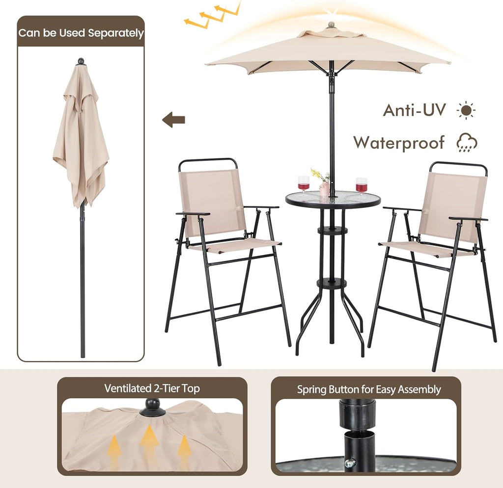 Ensemble bistrot KOMFOTTEU, salon de jardin avec parasol, table avec trou pour parasol, 2 chaises pliantes, ensemble table et chaises de patio, mobilier d'extérieur pour balcon
