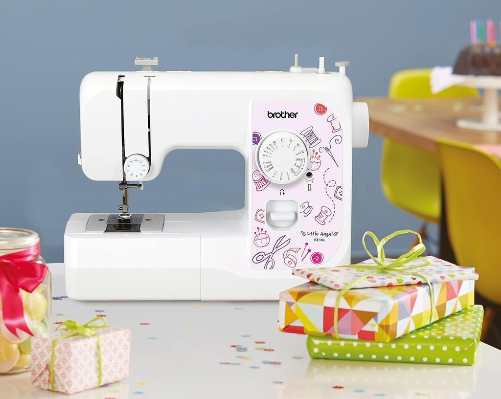 Machine à coudre Brother KE14s, acier inoxydable, blanc/rose