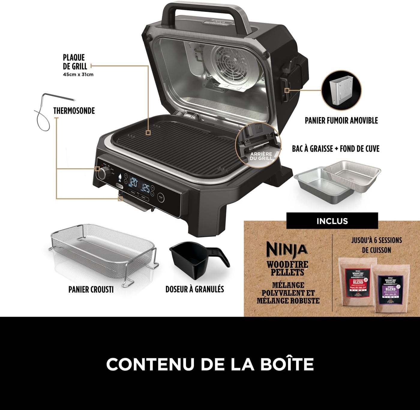 Ninja Woodfire elektrische grill, grill, rookoven en airfryer, 7-in-1 buitenbarbecue, grillen, airfryer, roken, braden, oven, weerbestendig, antiaanbaklaag, draagbaar, grijs/zwart OG701EU 