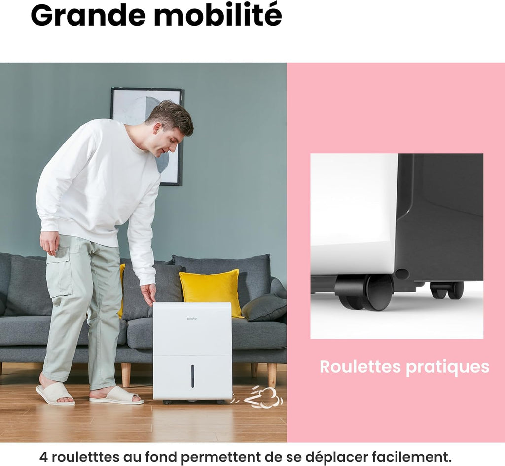 Déshumidificateur puissant COMFEE, absorbe jusqu'à 50 L/jour, sèche-linge, mode confort, grand réservoir de 6 L, minuterie 24 h, idéal pour les grandes pièces de 101 à 116 ㎡, MDDPE-50DEN7, cave, sous-sol