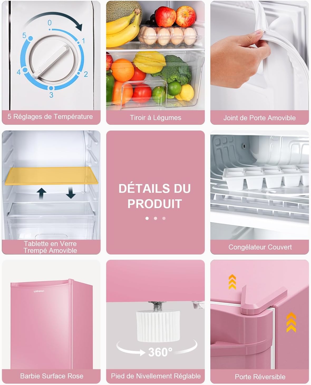 Mini réfrigérateur avec compartiment congélateur, bac à légumes 91L, thermostat réglable, silencieux