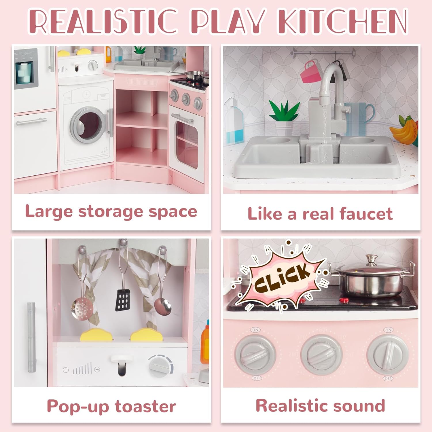 Cuisine enfant en bois rose avec évier, cuisinière et four, cuisine jouet en bois et accessoires pour enfants de 3 ans et plus (rose 2)