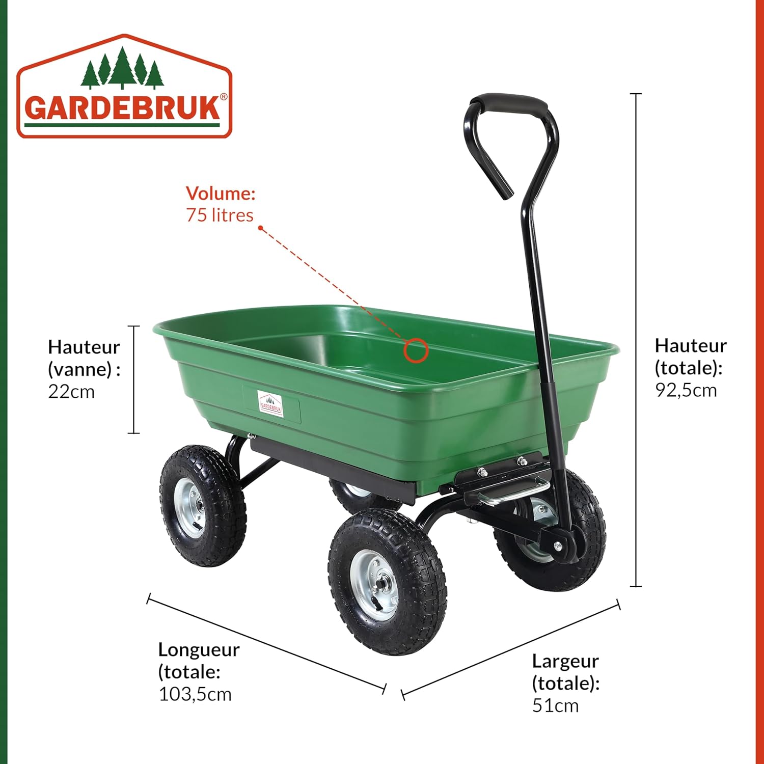 Benne Gardebruk® Jardin 300kg 4 pneumatiques essieu directeur tout terrain