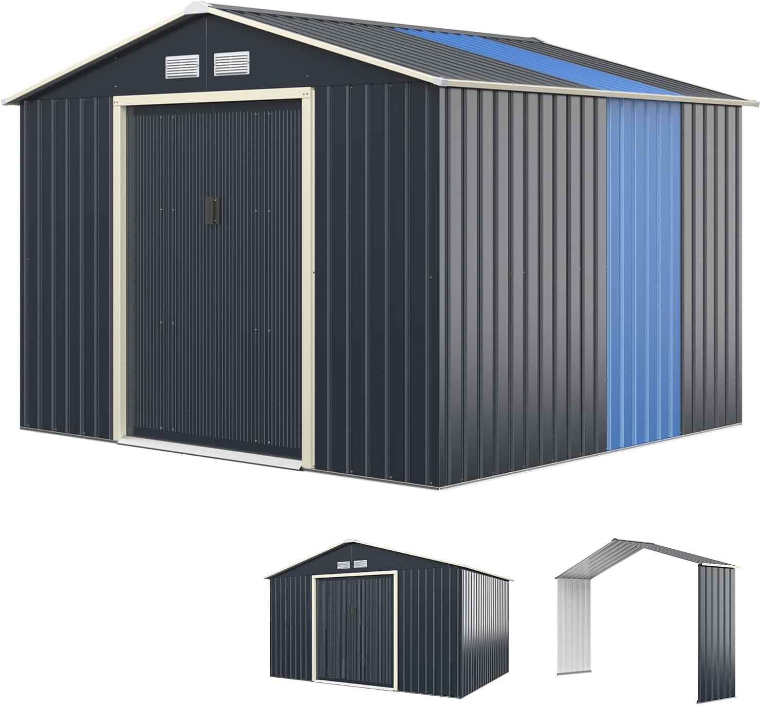 Abri de jardin en métal Costway + 1 kit d'extension avec 2 portes coulissantes verrouillables, 4 trous de ventilation, toit incliné pour vélo