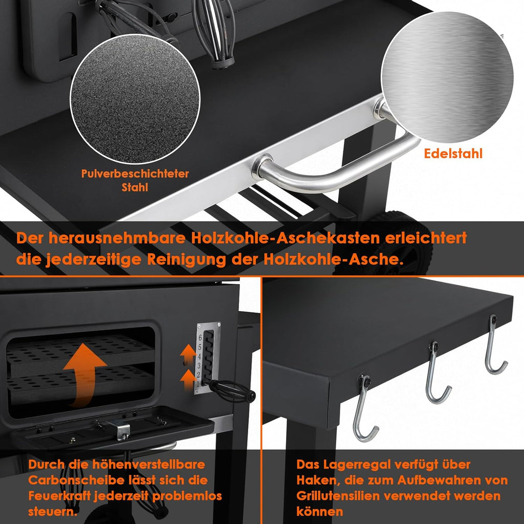 Barbecue Charbon de Bois, Chariot à Barbecue XXL, Grand Barbecue au Charbon de Bois, Grill à Charbon avec Couvercle, 2 Tables d'Appoint, Roues et Thermomètre, BBQ Fumoir, Barbecue de Jardin, Gris