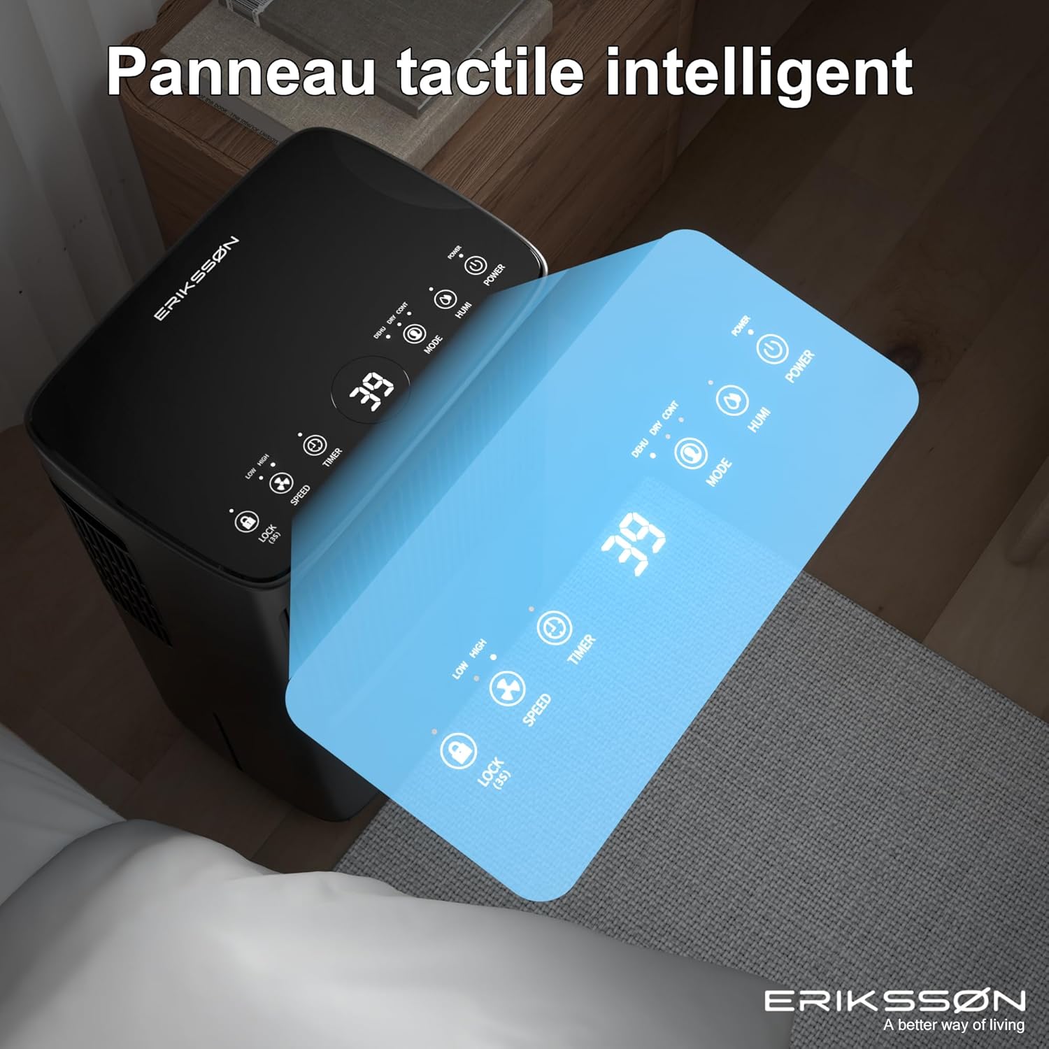 Déshumidificateur 16 litres/24 heures taille de la pièce : environ 140 m3 (70 m2), affichage LED, résistant à l'humidité  avec minuterie, économie d'énergie, avec capteur d'humidité (blanc)