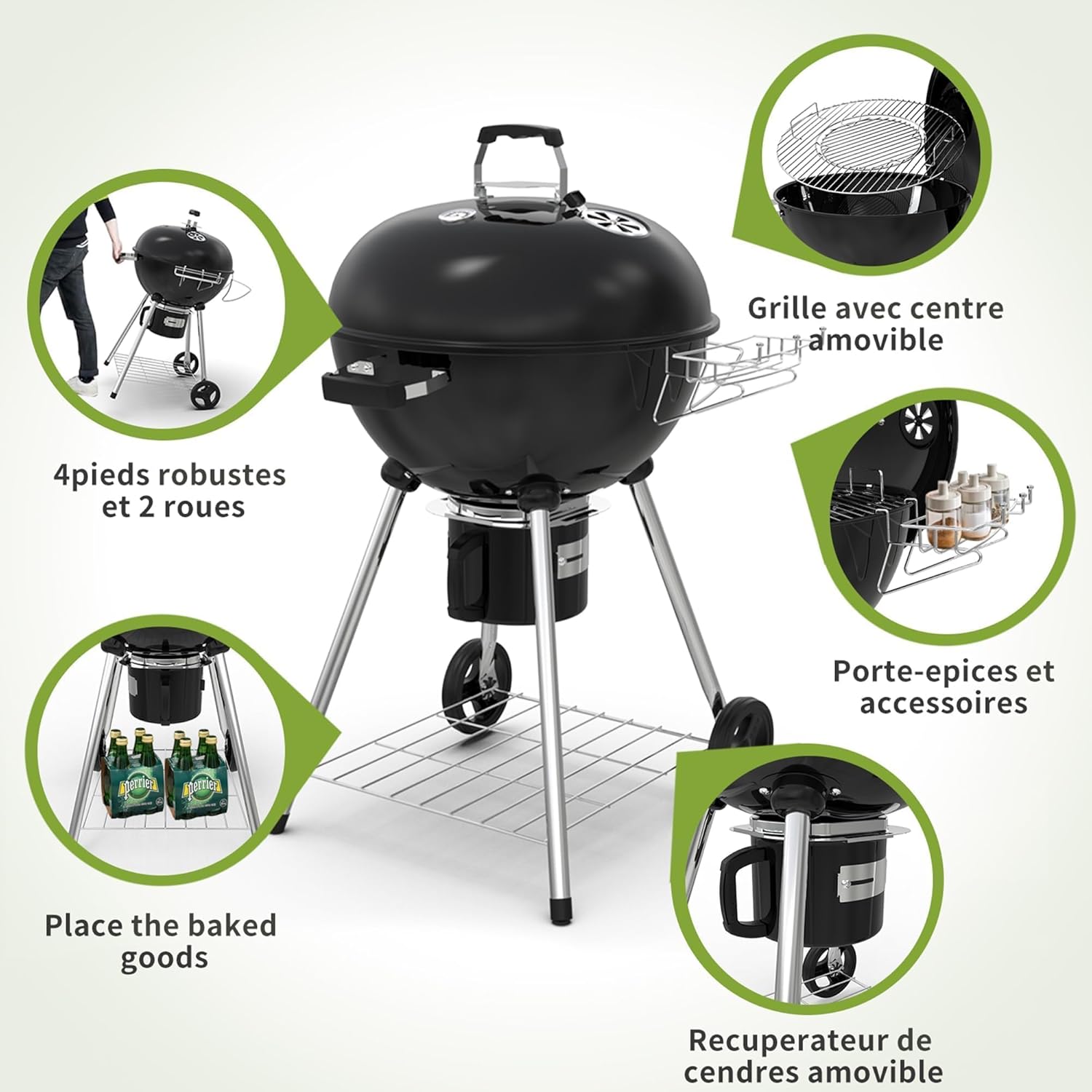 TEENO Houtskoolbarbecue, XXL kookrooster, anti-verbrandingshandschoenen, thermometer, aslade, verstelbare ventilatieopening, grote houtskoolbarbecue (basismodel) 