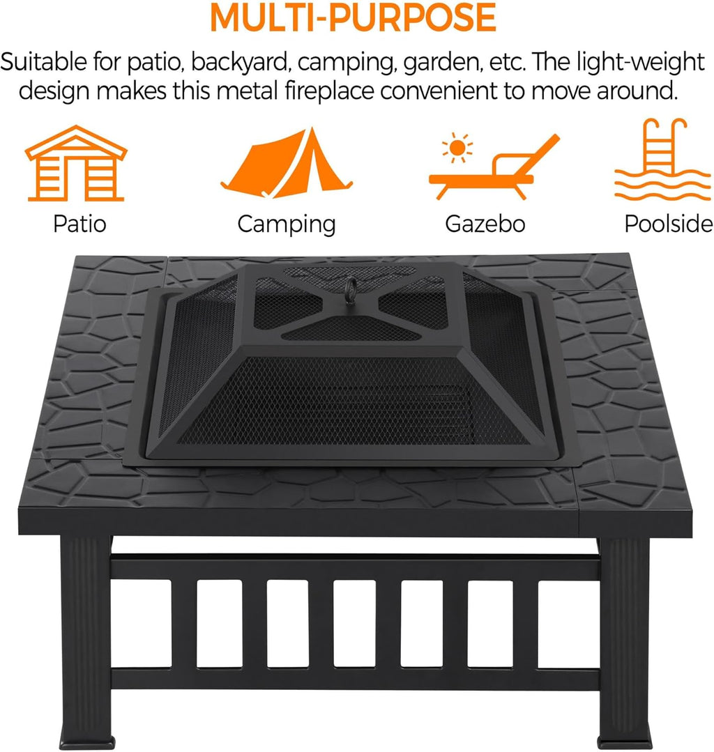 Yaheetech Outdoor 3-in-1 Vierkante Multifunctionele Vuurkorf 81 x 81 x 50 cm voor Terras, Balkon, Houtkachels met Pokergaasafdekking Zwart 