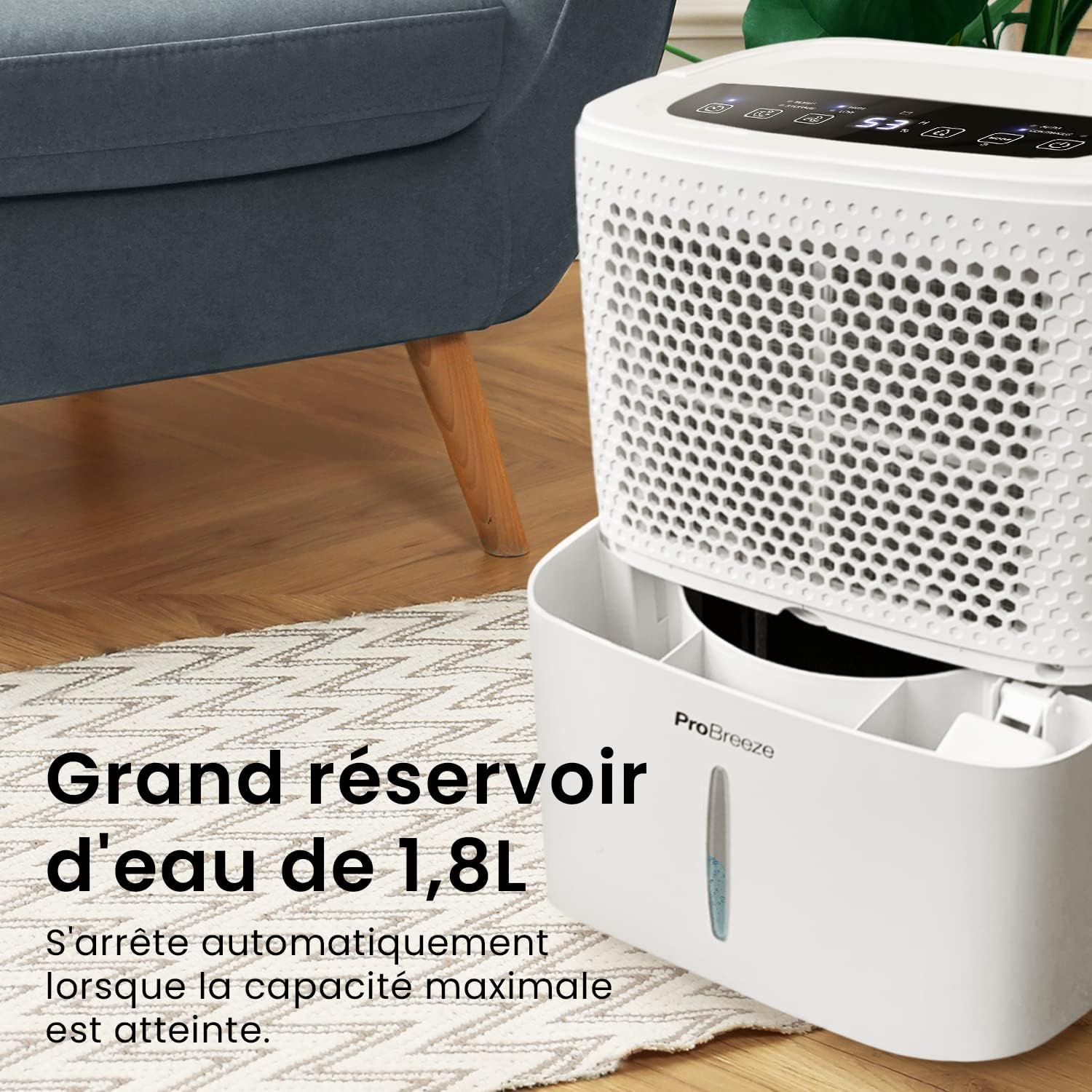 Déshumidificateur d'air silencieux 12L/jour - Absorbeur d'humidité - 40dB Réservoir d'eau de 1,8L Drainage continu Minuterie 24 heures 3 modes - Idéal pour prévenir l'humidité et la moisissure