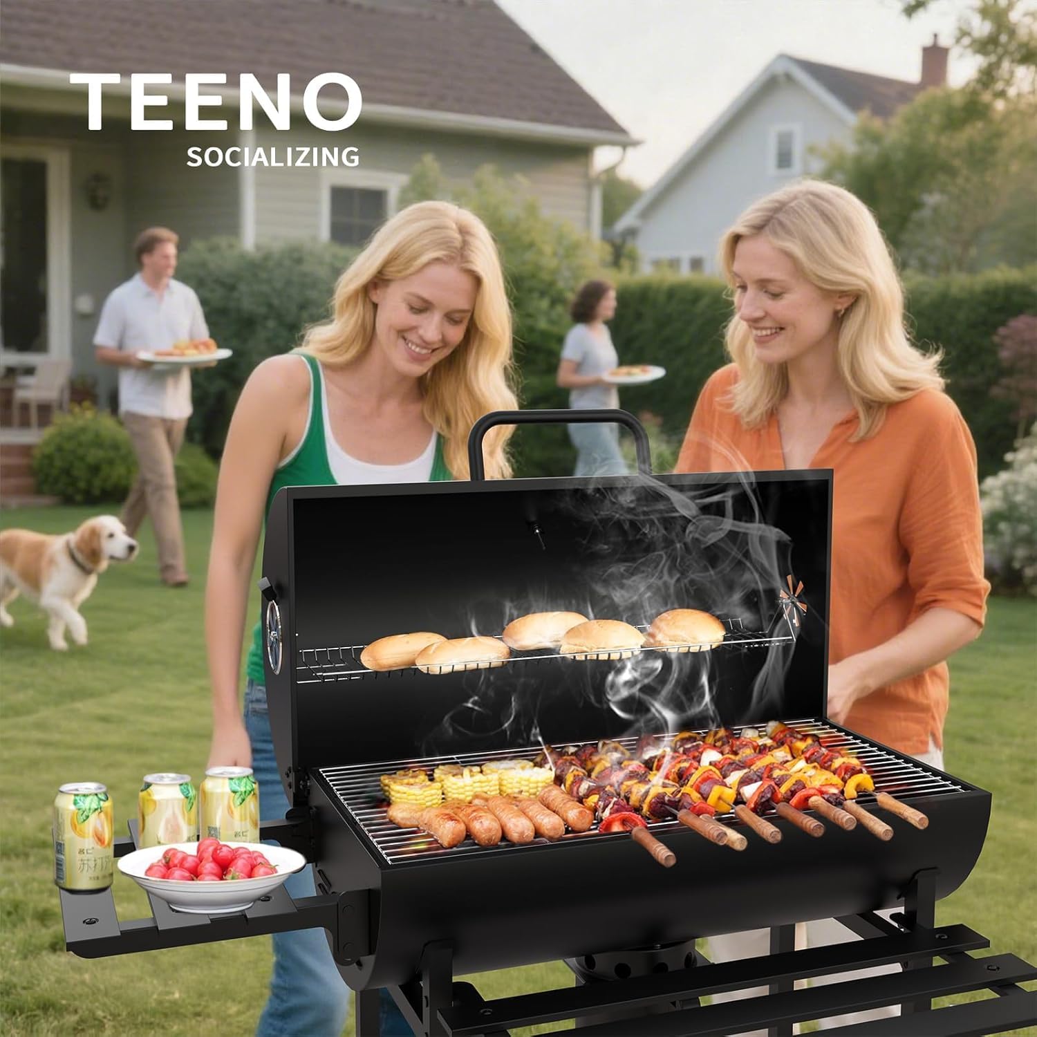 TEENO Houtskoolbarbecue, XXL kookrooster, anti-verbrandingshandschoenen, thermometer, aslade, verstelbare ventilatieopening, grote houtskoolbarbecue (basismodel) 