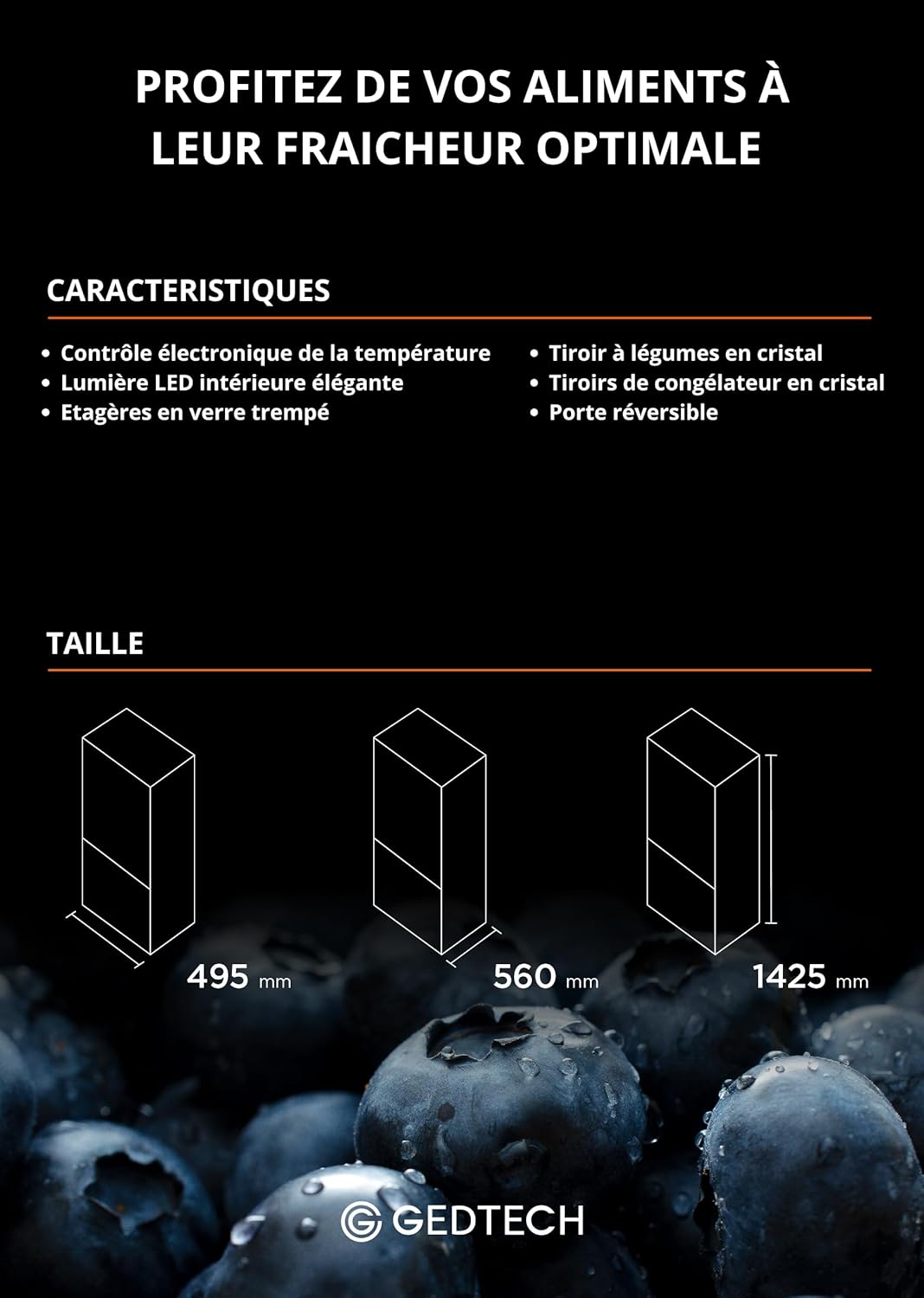 Réfrigérateur de table GEDTECH 85 L GTOP93BL avec compartiment congélateur - Classe E