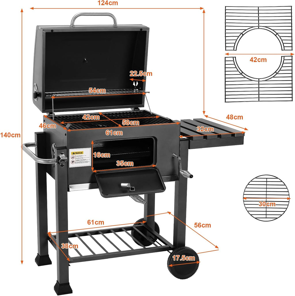 Barbecue Charbon de Bois, Chariot à Barbecue XXL, Grand Barbecue au Charbon de Bois, Grill à Charbon avec Couvercle, 2 Tables d'Appoint, Roues et Thermomètre, BBQ Fumoir, Barbecue de Jardin, Gris