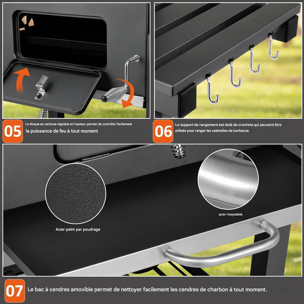 Barbecue Charbon de Bois, Chariot à Barbecue XXL, Grand Barbecue au Charbon de Bois, Grill à Charbon avec Couvercle, 2 Tables d'Appoint, Roues et Thermomètre, BBQ Fumoir, Barbecue de Jardin, Gris