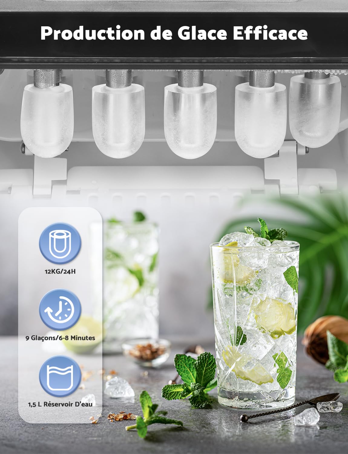 Machine à glaçons Produit 12 kg de glace en 24 heures Produit 9 glaçons en 6 à 8 minutes Livré avec une pelle à glace réversible et une poignée de transport