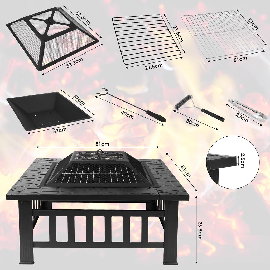 LIFERUN 32" BBQ-vuurkorf voor buiten, tuinvuurkorf, terrashaard met grill, inclusief pook, vonkenvanger, koolstofgaas, grillklemmen, borstel en 4 voetjes. 
