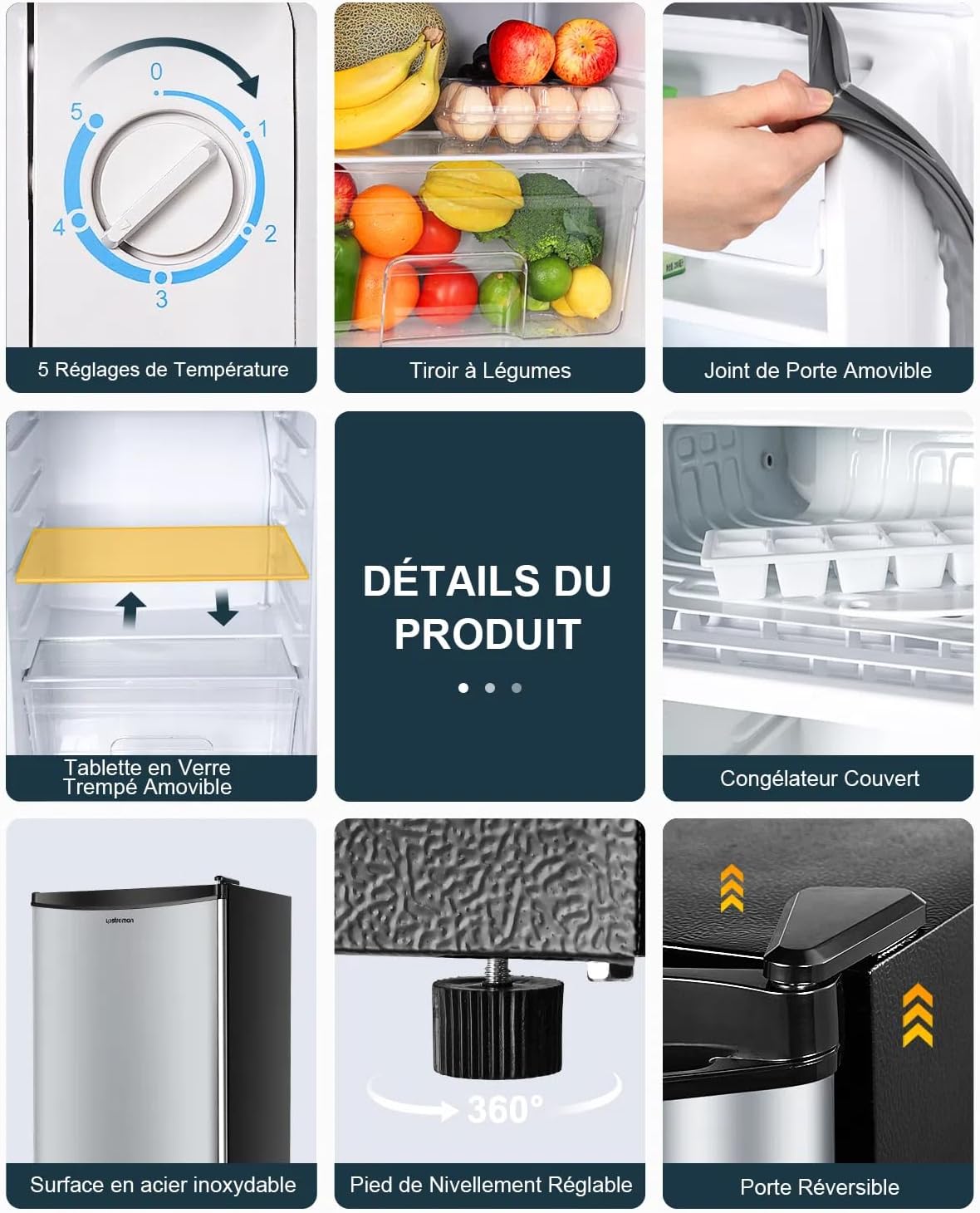 Mini réfrigérateur avec compartiment congélateur, bac à légumes 91L, thermostat réglable, silencieux