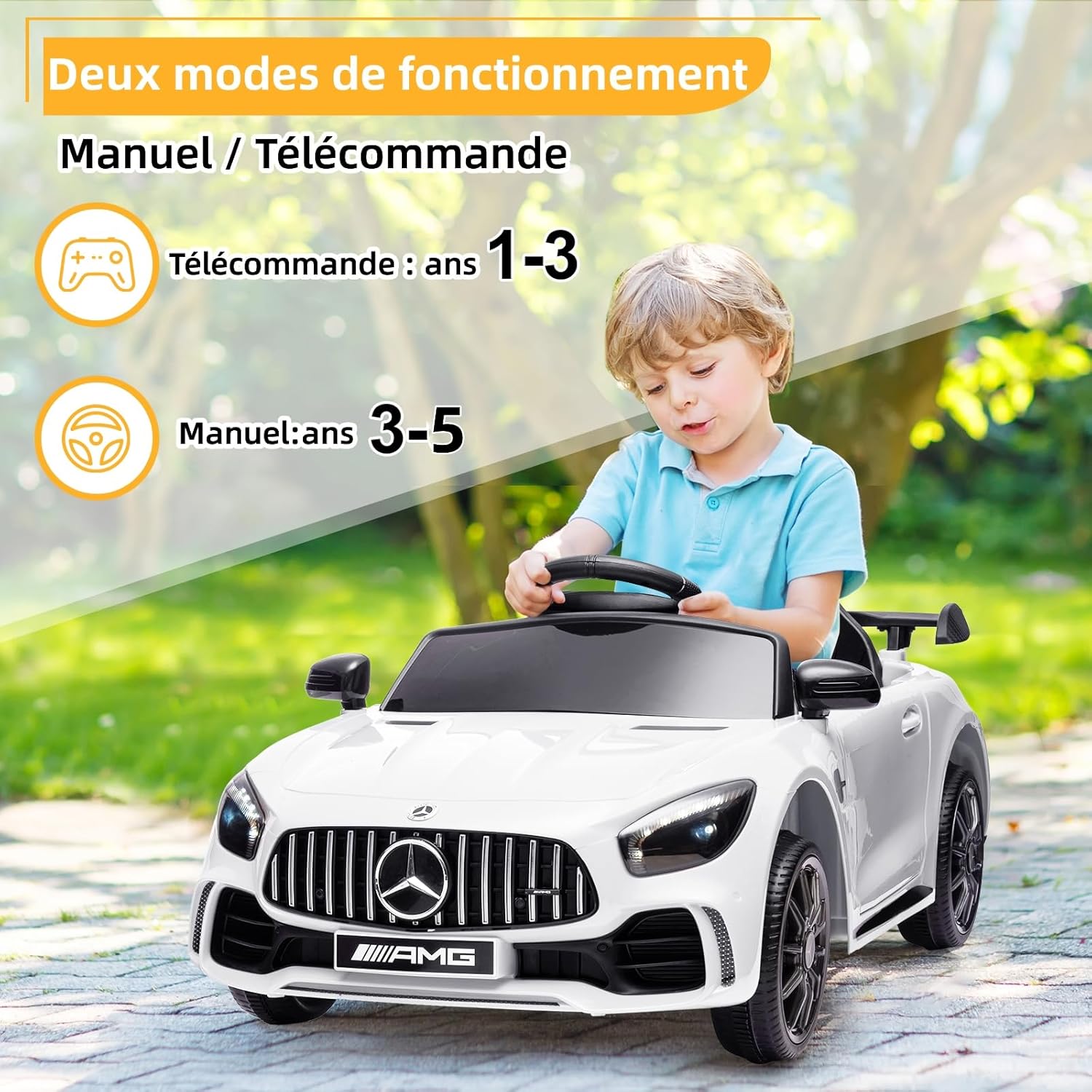 LALAHO Voitures électriques pour Enfants Mercedes Benz AMG avec Télécommande 2.4G, Véhicule électrique Enfant 2 Portes avec MP3 (Blanc)