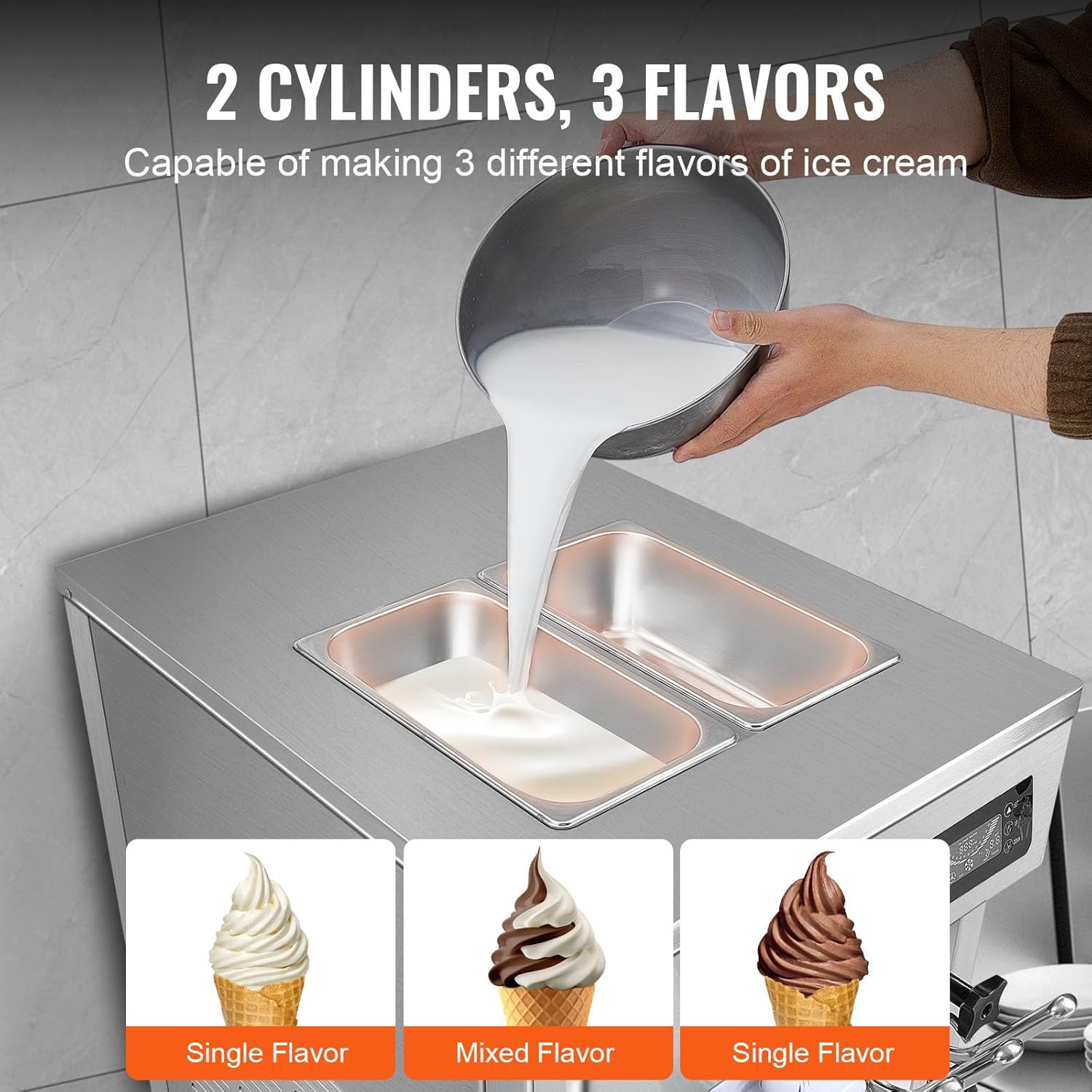 Machine à glace commerciale 20 l/h 1800 watts 3 parfums Machine à glace molle Trémie 2x4 l Pré-refroidissement Nettoyage automatique