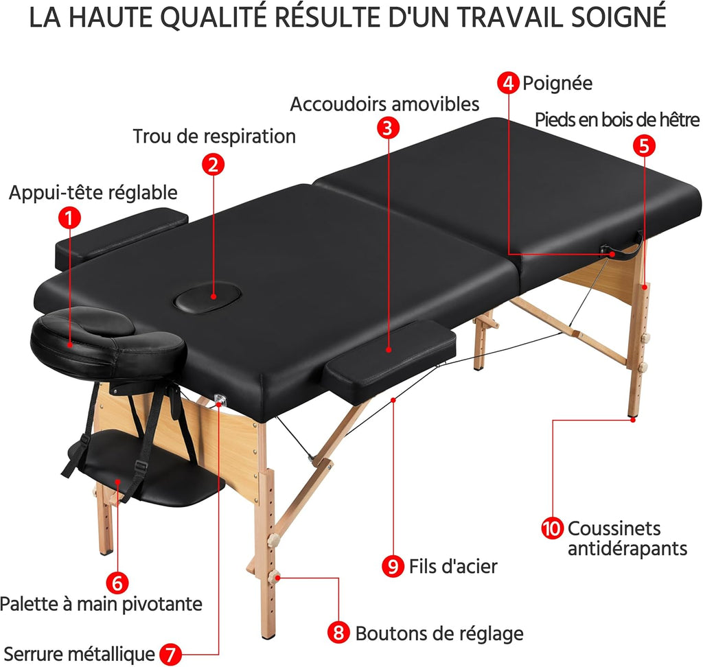 Yaheetech opklapbare massagetafel 70 cm, professioneel massagebed in 2 delen, massief houten tafelbank, cosmetische therapie, zwart 