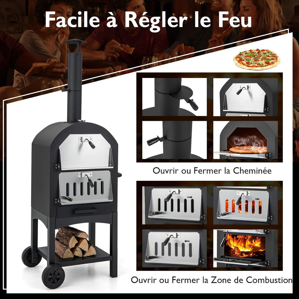 Four à pizza extérieur 162 cm four à pizza à bois ou à granulés avec pierre à pizza thermomètre grill spatule et accessoires complets cuisson pratique adapté au camping fête barbecue