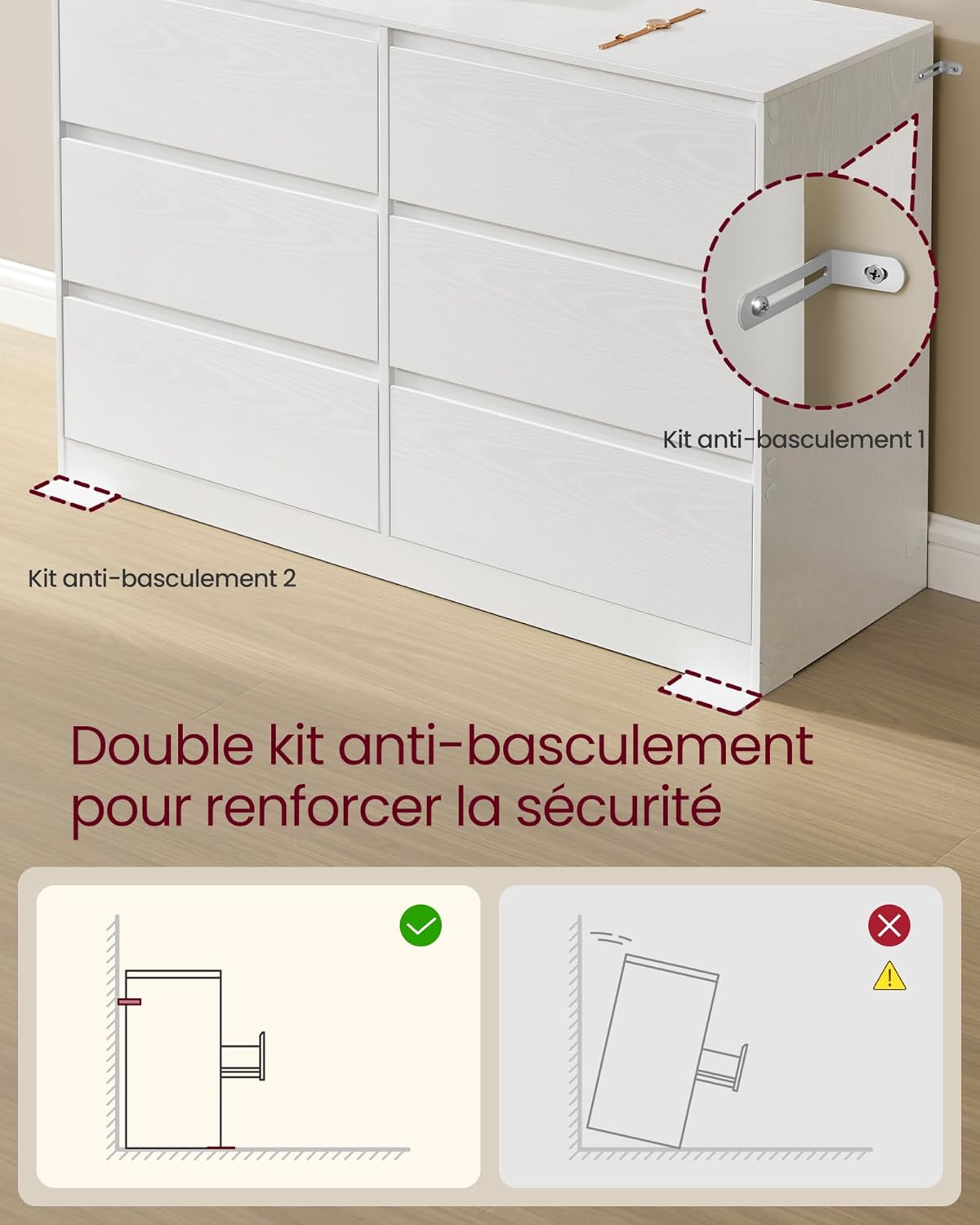 VASAGLE Kailyn Collectie - Slaapkamerkast met 6 lades, opbergkast, kleding, 40 x 119,5 x 75 cm, moderne stijl, sneeuwwit LTS616W01 