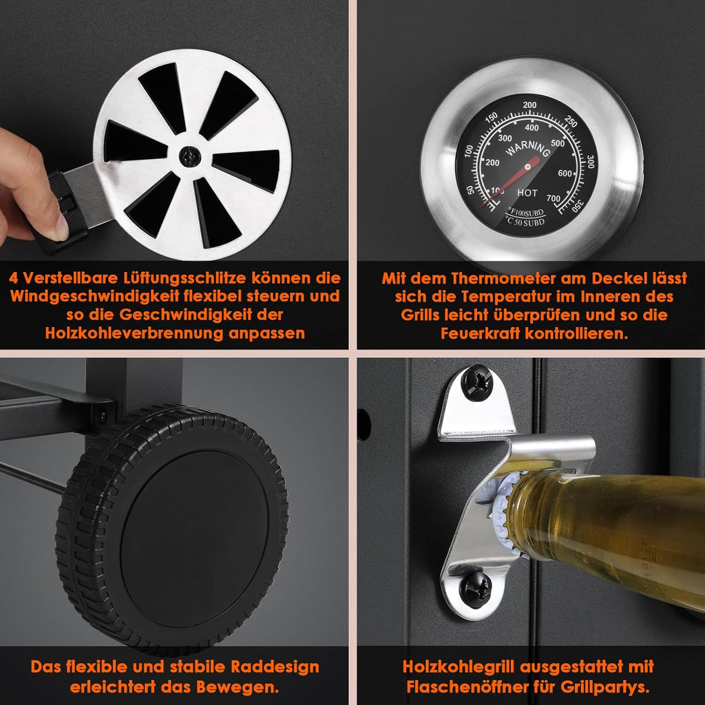 Barbecue Charbon de Bois, Chariot à Barbecue XXL, Grand Barbecue au Charbon de Bois, Grill à Charbon avec Couvercle, 2 Tables d'Appoint, Roues et Thermomètre, BBQ Fumoir, Barbecue de Jardin, Gris
