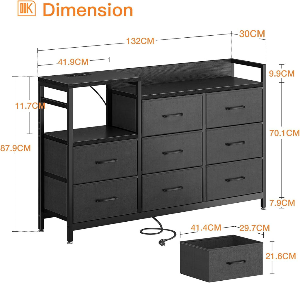 ODK Slaapkamerkast met 2 USB-poorten en 2 stopcontacten, multifunctionele ladekast voor slaapkamer en woonkamer – Stabiel en duurzaam dressoir, 132 x 30 x 88 cm, Vintage en zwart 