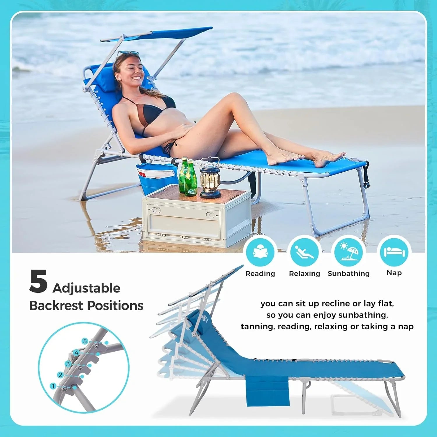 Lot de 2 chaises longues d'extérieur - Chaise longue pliante portable pour patio, piscine, camping, inclinable et réglable sur 5 positions