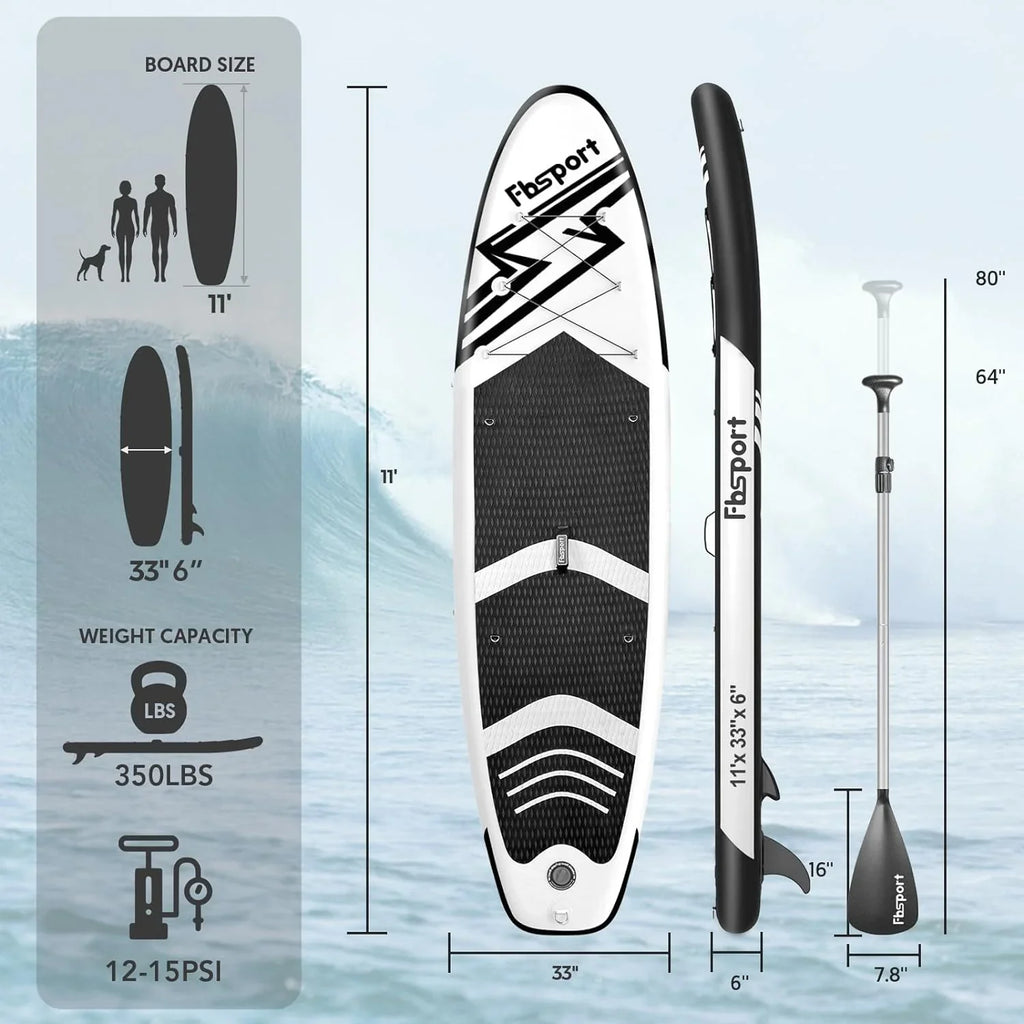 Planche de stand up paddle FBSPORT Premium 11', planche de yoga, contrôle du surf, pont antidérapant, attache, pagaie et pompe