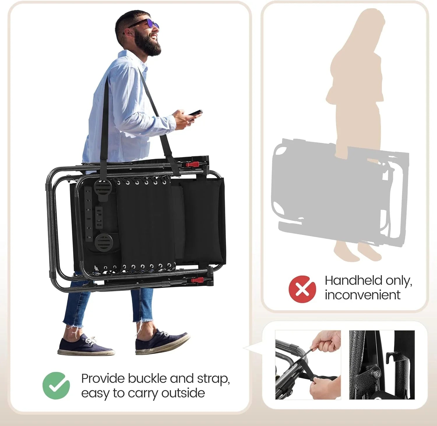 Ensemble de 3 chaises inclinables portables d'extérieur à gravité zéro avec table d'appoint et chaises longues pliantes
