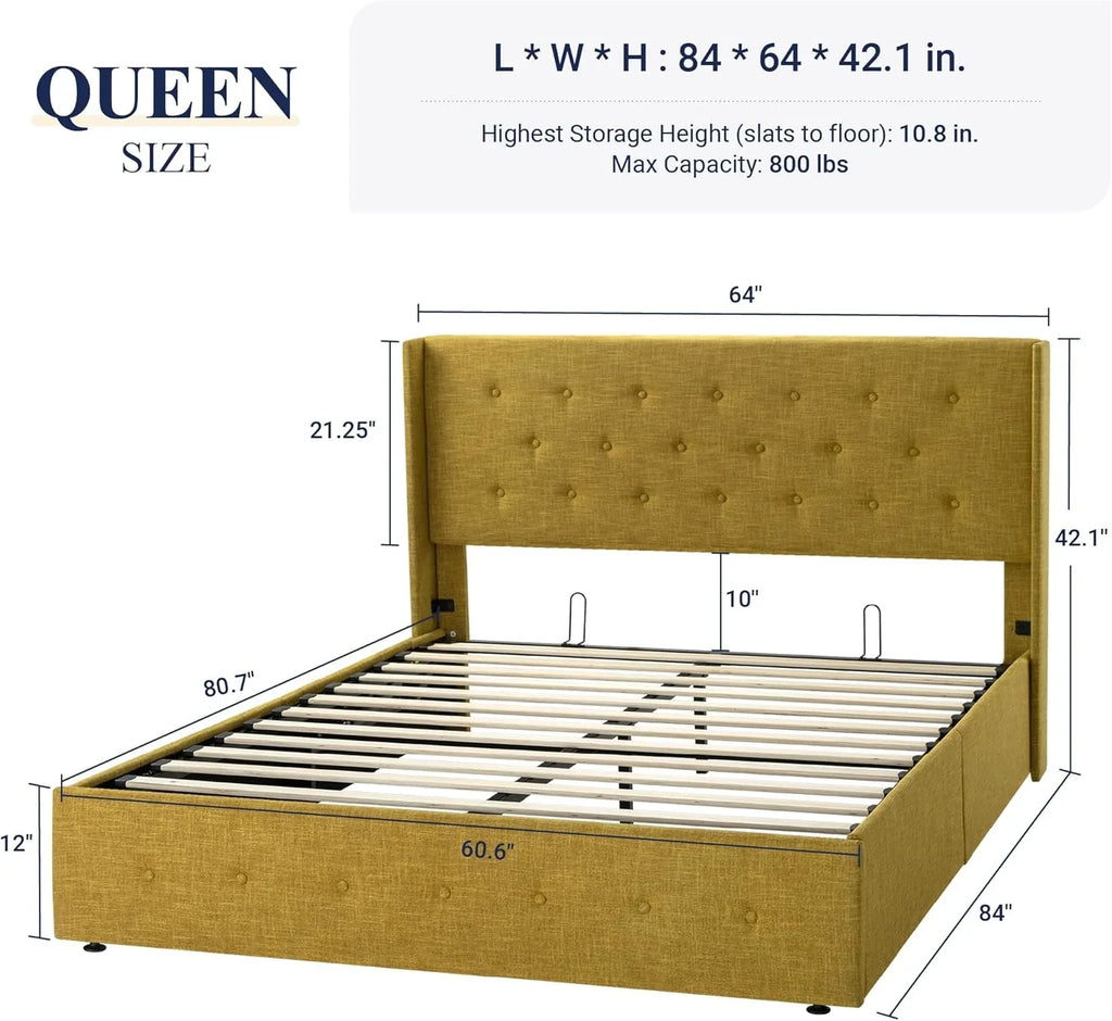 Lit queen-size relevable avec rangement Allewie, tête de lit à oreilles moderne et support hydraulique