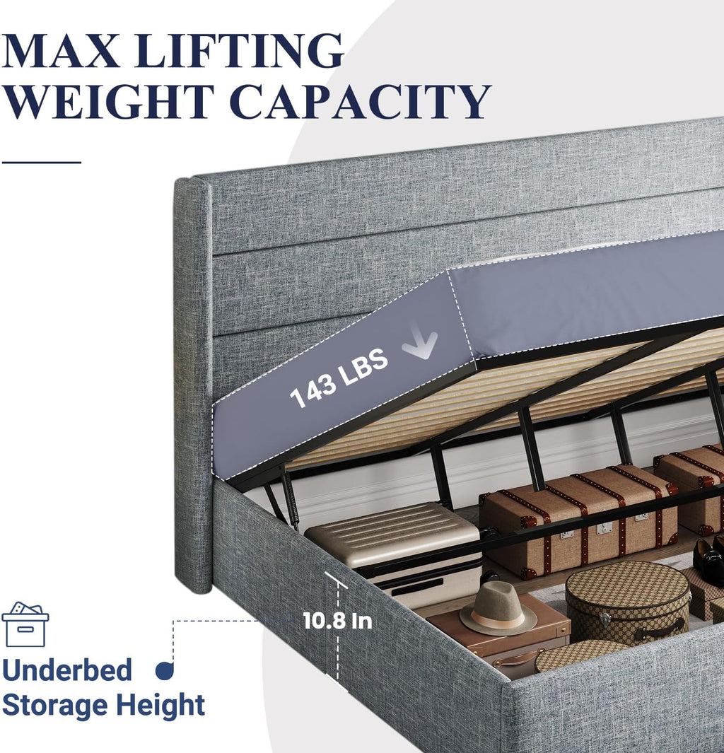 Lit queen-size relevable avec rangement Allewie, tête de lit à oreilles moderne et support hydraulique