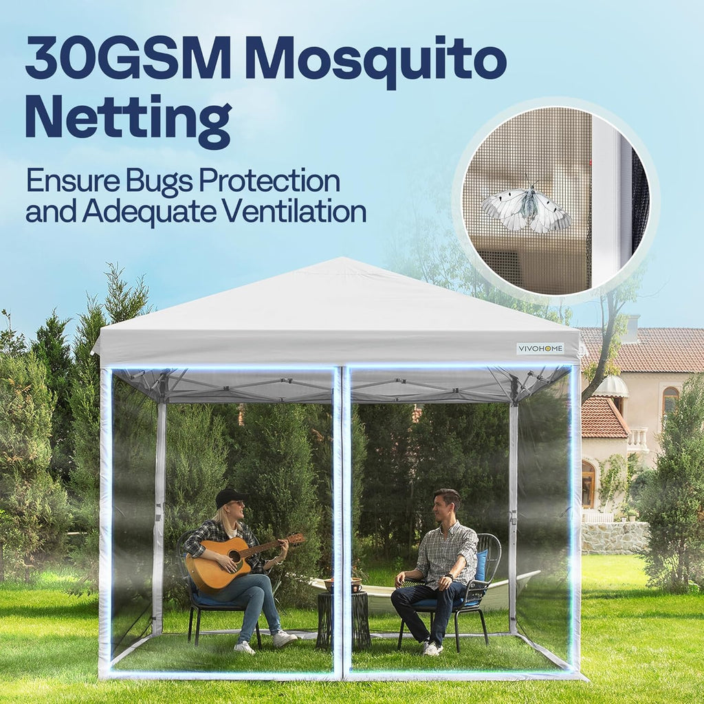 Auvent escamotable facile à monter de 10 x 10 pieds, tente moustiquaire d'extérieur avec moustiquaire, 2 portes à glissière et sac à roulettes
