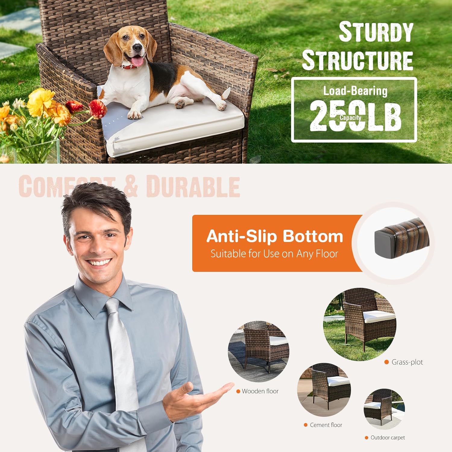 Ensemble de meubles de patio 3 pièces Sweetcripy, en osier tressé à la main