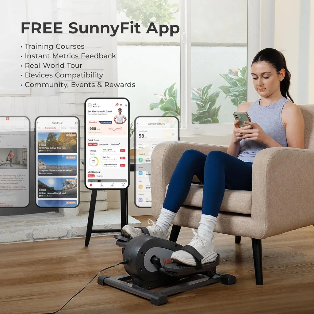 Mini-appareil elliptique intelligent Sunny Health & Fitness, pédalier d'intérieur sous le bureau pour l'activité et l'entraînement cardio des seniors