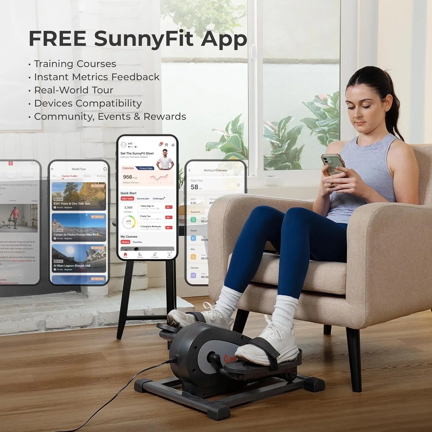 Mini-appareil elliptique intelligent Sunny Health & Fitness, pédalier d'intérieur sous le bureau pour l'activité et l'entraînement cardio des seniors