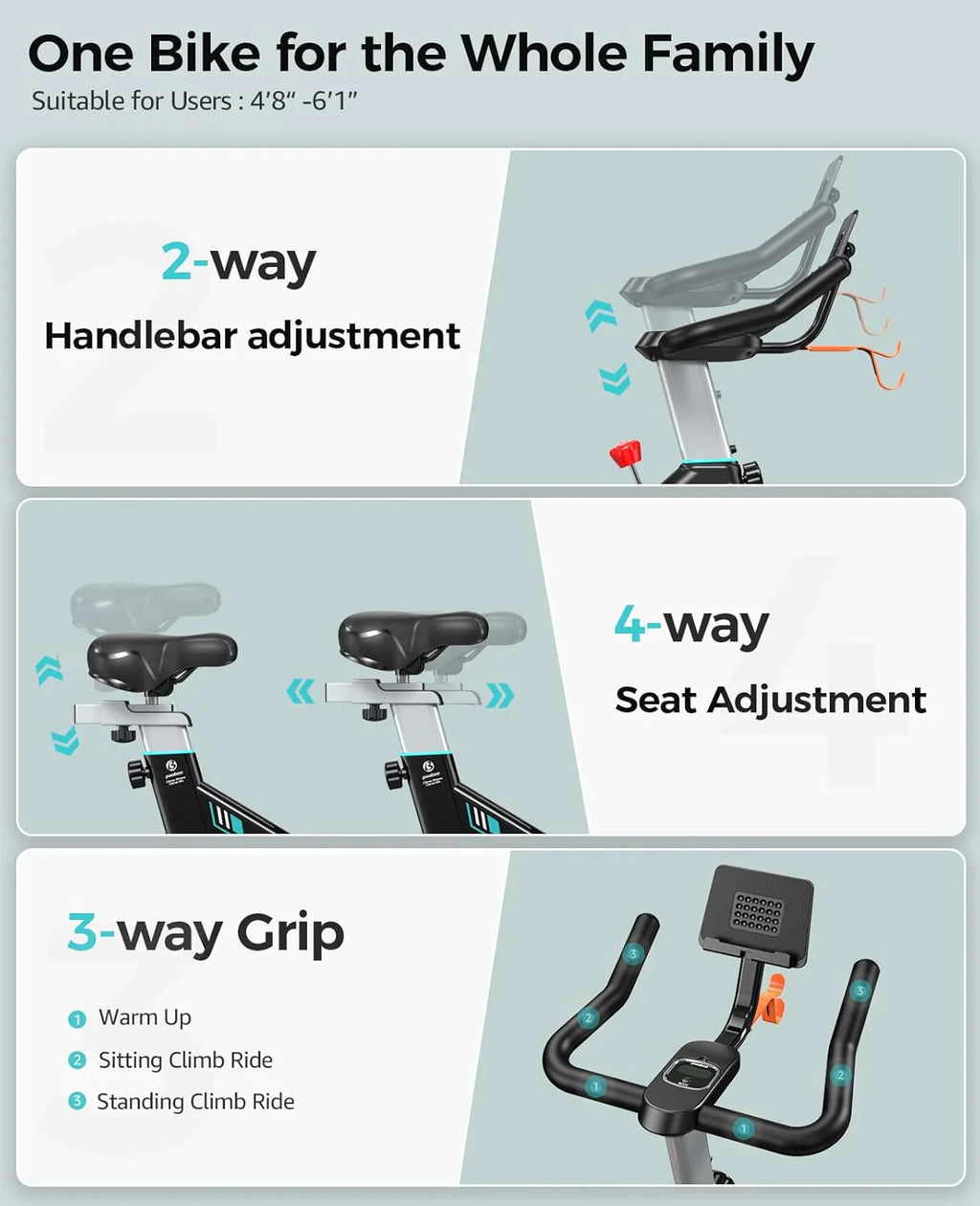 Vélo d'appartement Pooboo, résistance/frein magnétique réglable, transmission par courroie silencieuse