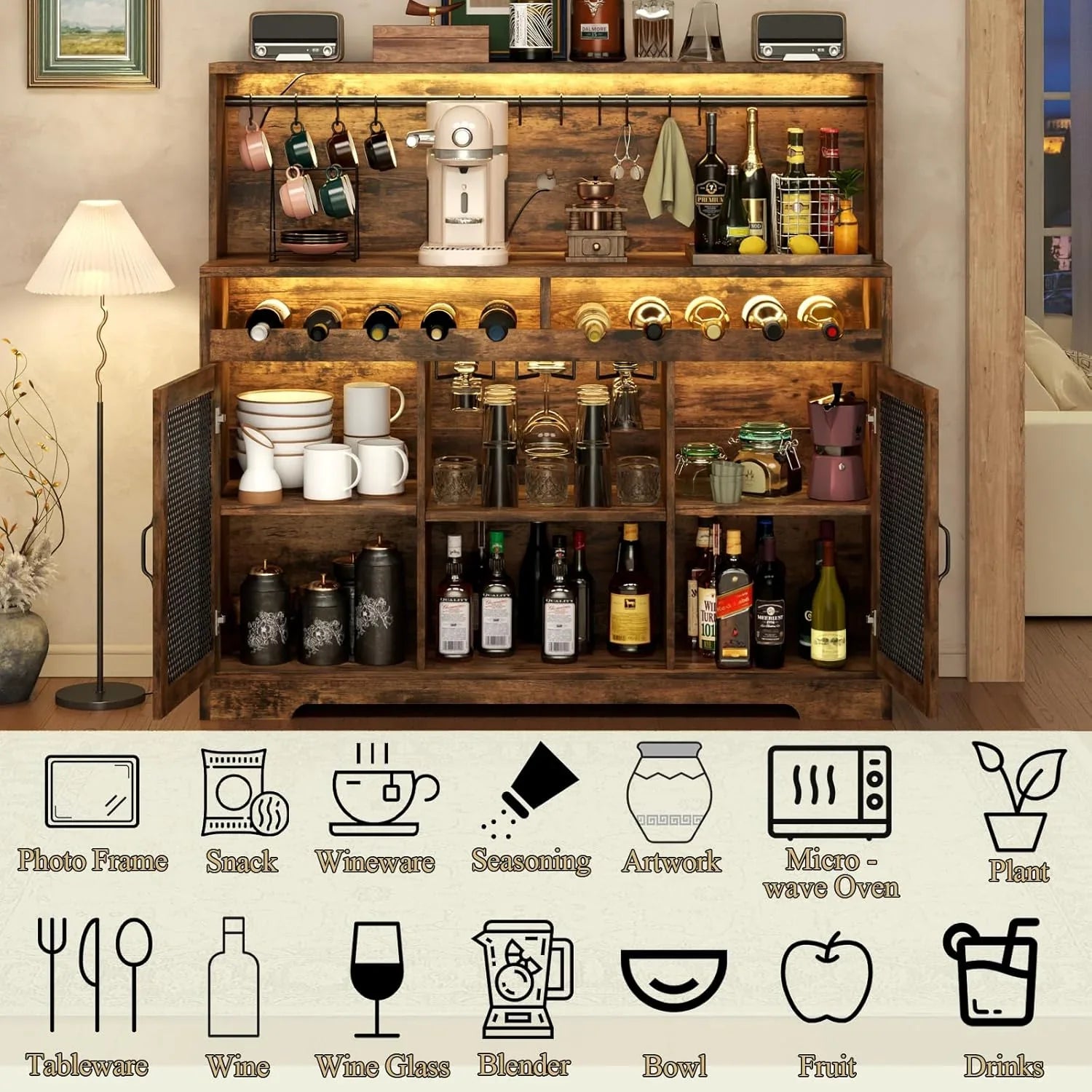 Bar à vin avec éclairage LED, meuble à liqueur avec porte-verres, bar à café pour liqueurs, buffet de rangement avec casiers à vin, armoire à vin