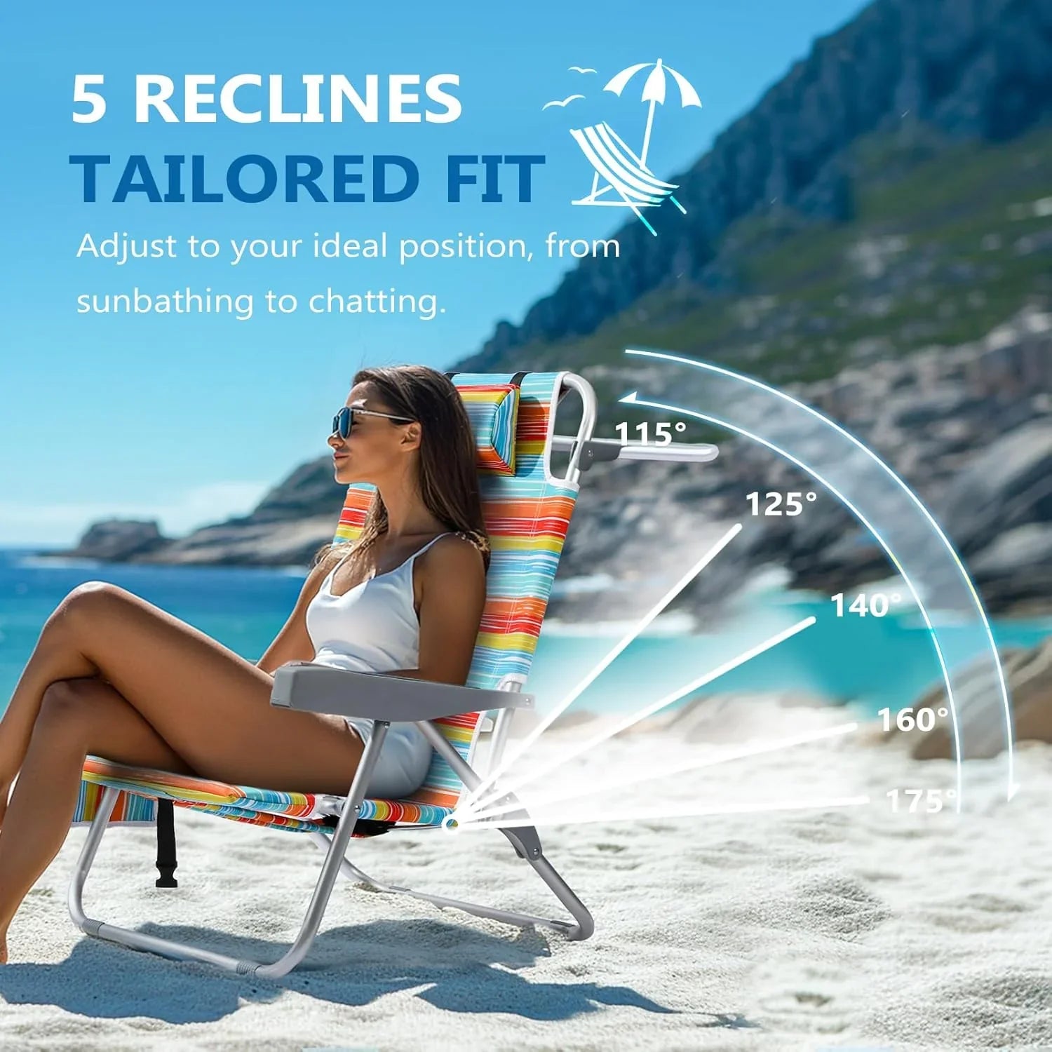 Lot de 2 chaises de plage compactes et portables pour adultes, en aluminium, 5 positions, avec pochette isotherme