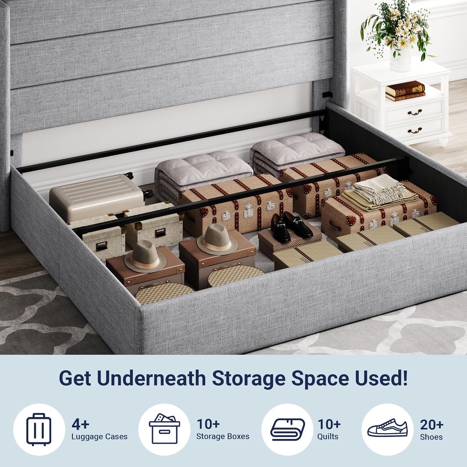 Lit queen-size relevable avec rangement Allewie, tête de lit à oreilles moderne et support hydraulique